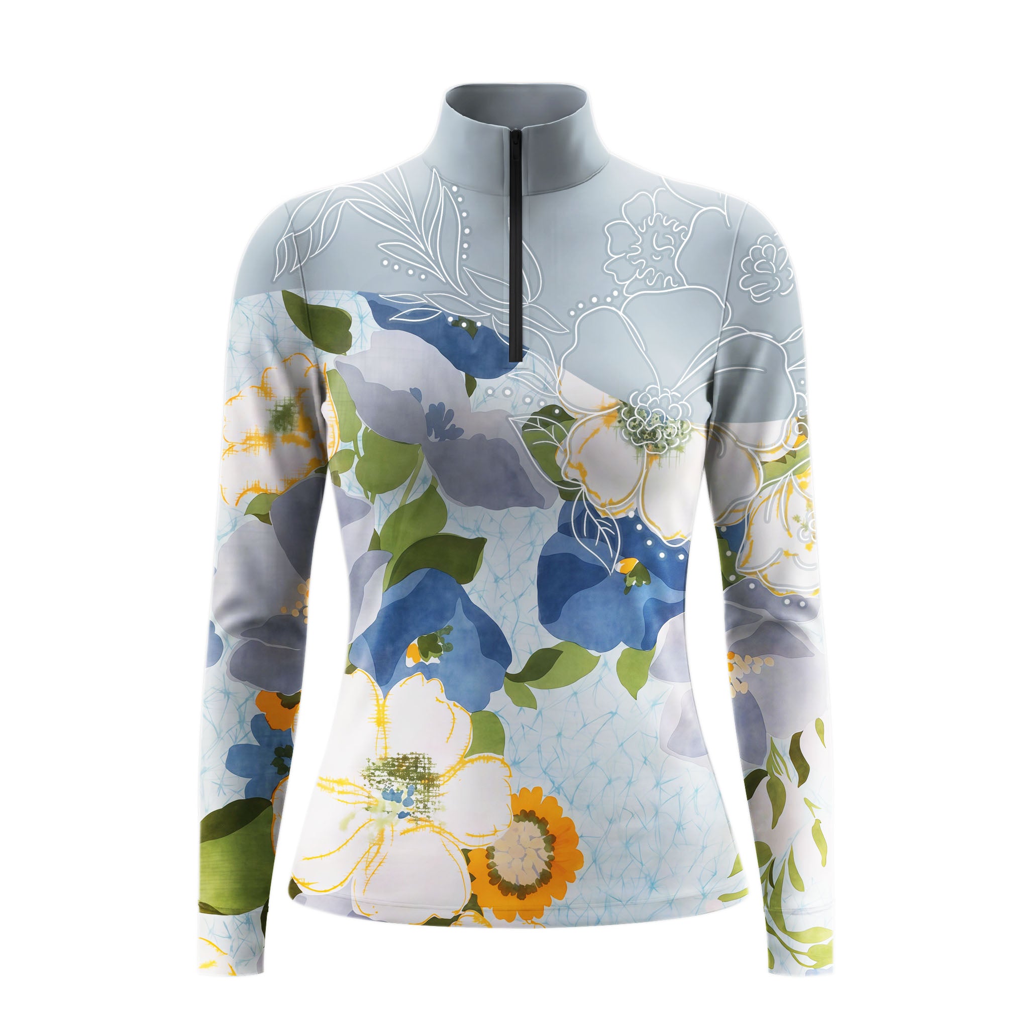 Studio flat view of the Watercolor Floral Print Long-Sleeve Quarter-Zip Riding Top, showcasing the full print details