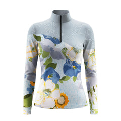 Studio flat view of the Watercolor Floral Print Long-Sleeve Quarter-Zip Riding Top, showcasing the full print details