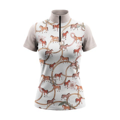 White background studio shot of soft watercolor horse print short sleeve quarter zip riding top