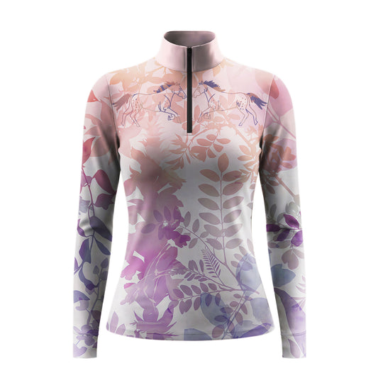White background studio product shot of full gradient pink purple translucent watercolor leaf outline galloping spotted horse long sleeve quarter-zip riding top