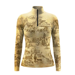 White background studio shot of vintage Western cowboy landscape long sleeve quarter zip riding top