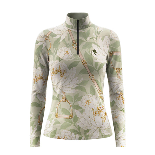 Studio front flat lay of the beige floral and tack print long sleeve quarter zip riding top