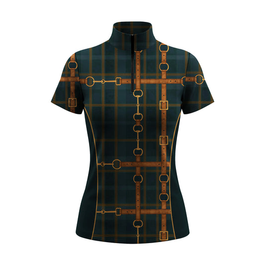 Dark green plaid short sleeve quarter zip riding top with printed bit and bridle graphic on the front