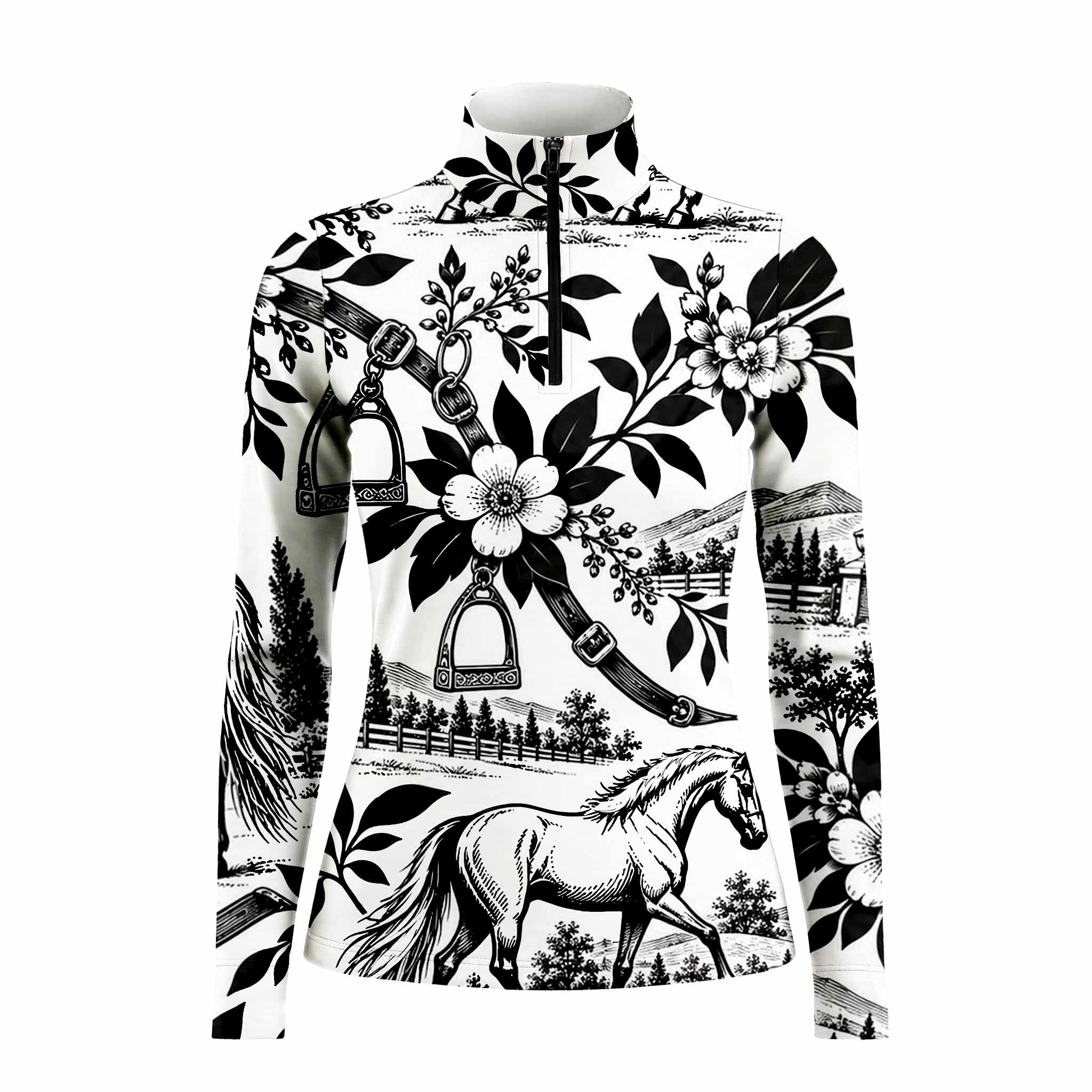 Studio front flat lay of the black and white horse floral quarter zip riding top on a white background