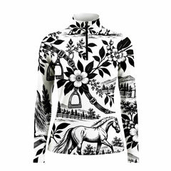 Studio front flat lay of the black and white horse floral quarter zip riding top on a white background