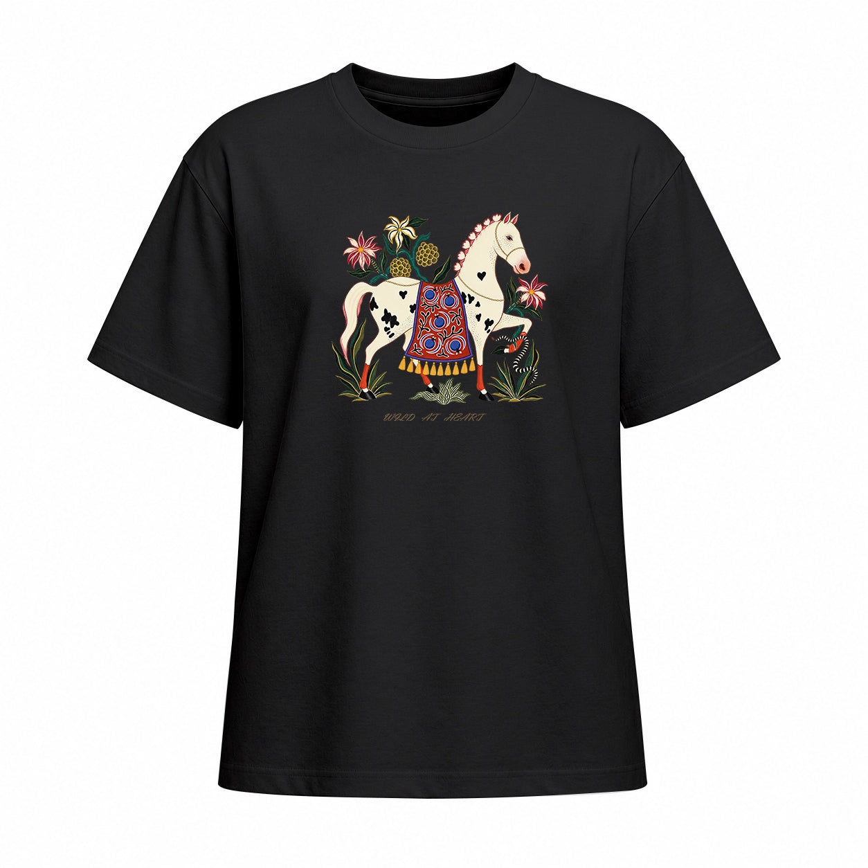 Front view of black short sleeve t shirt displaying the centered folk art horse graphic