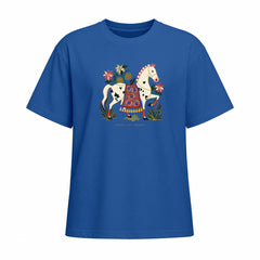 Front view of bright blue short sleeve t shirt displaying the centered folk art horse graphic