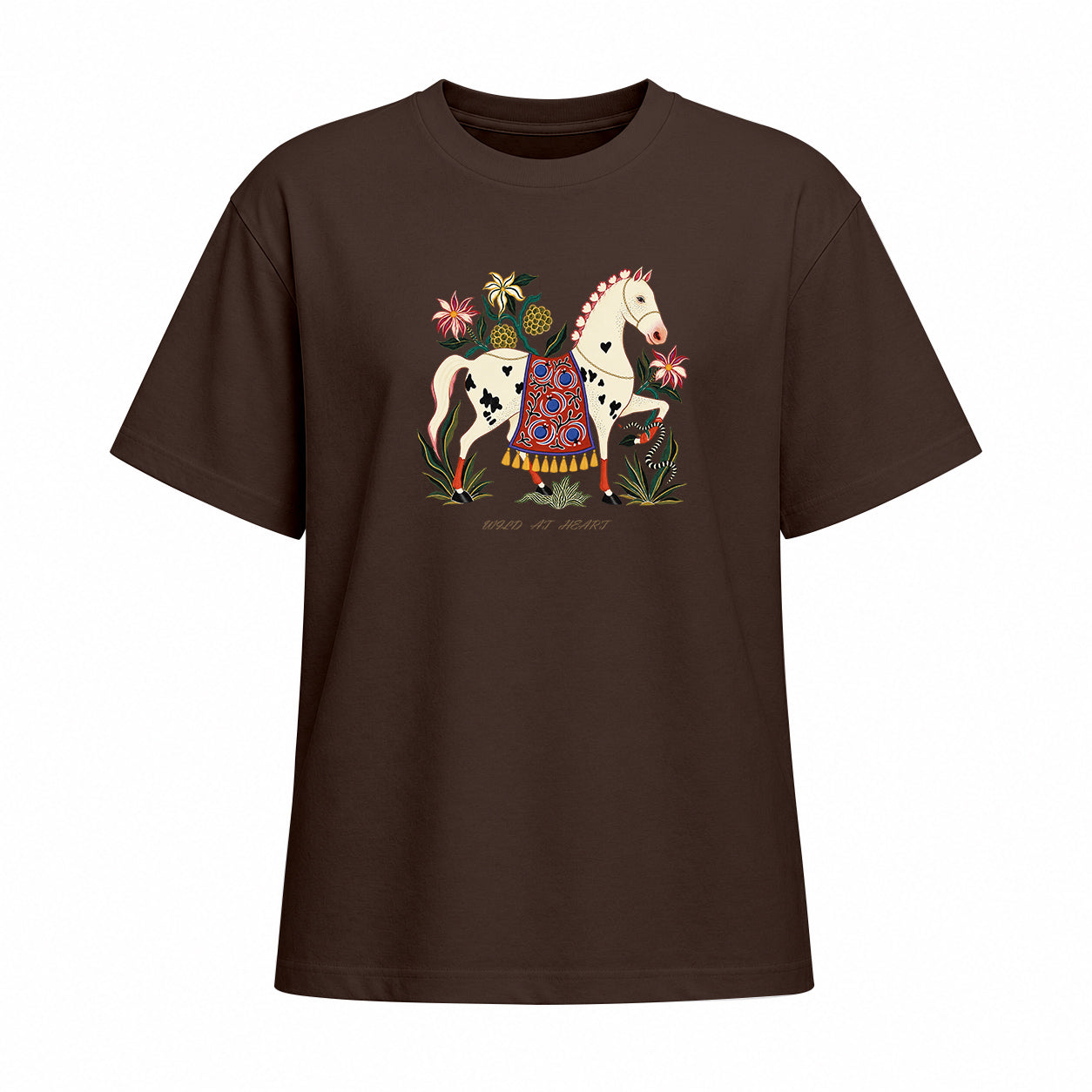 Front view of chocolate brown short sleeve t shirt displaying the centered folk art horse graphic