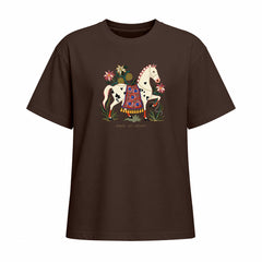 Front view of chocolate brown short sleeve t shirt displaying the centered folk art horse graphic