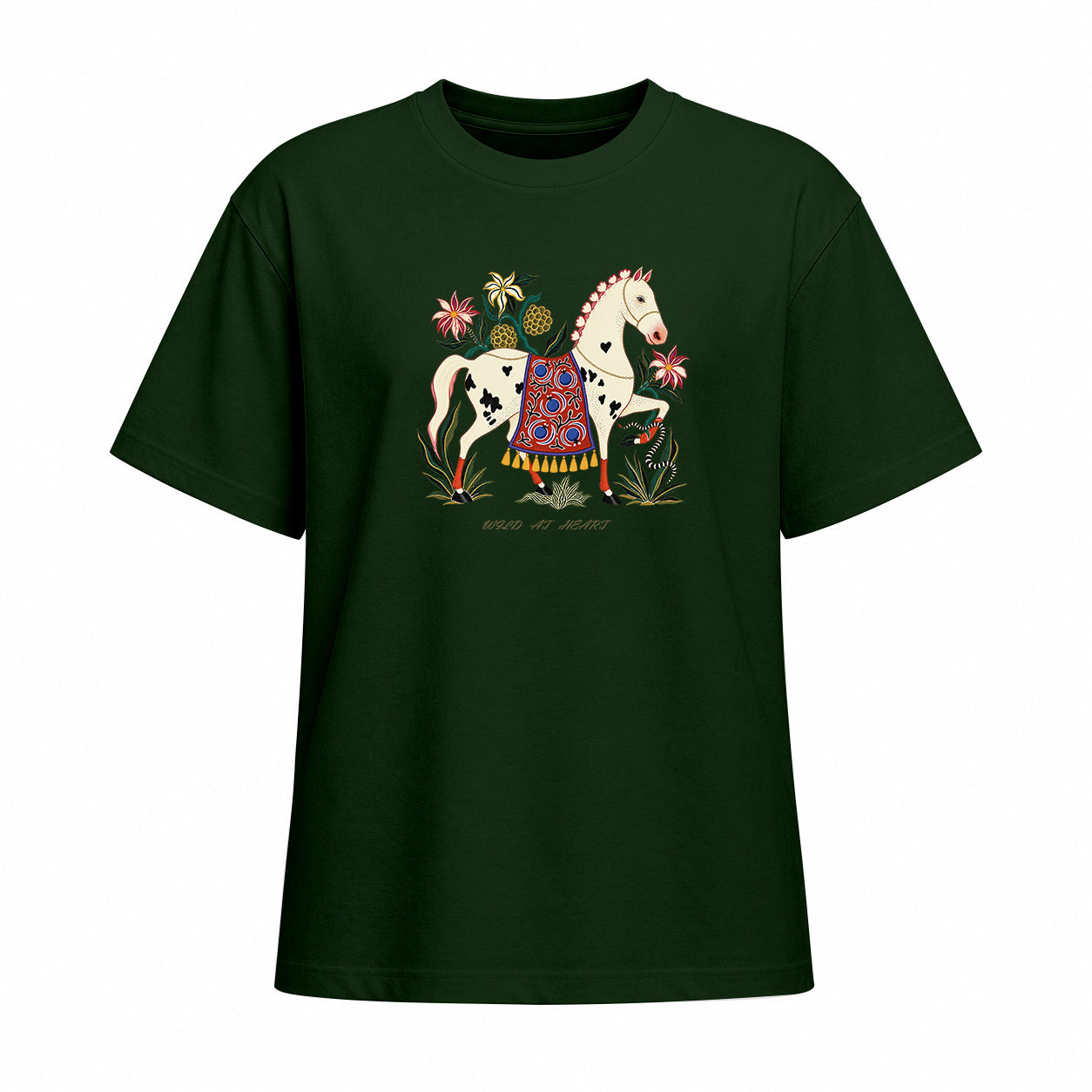 Front view of forest green short sleeve t shirt displaying the centered folk art horse graphic