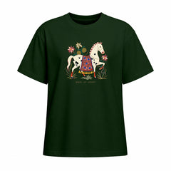 Front view of forest green short sleeve t shirt displaying the centered folk art horse graphic
