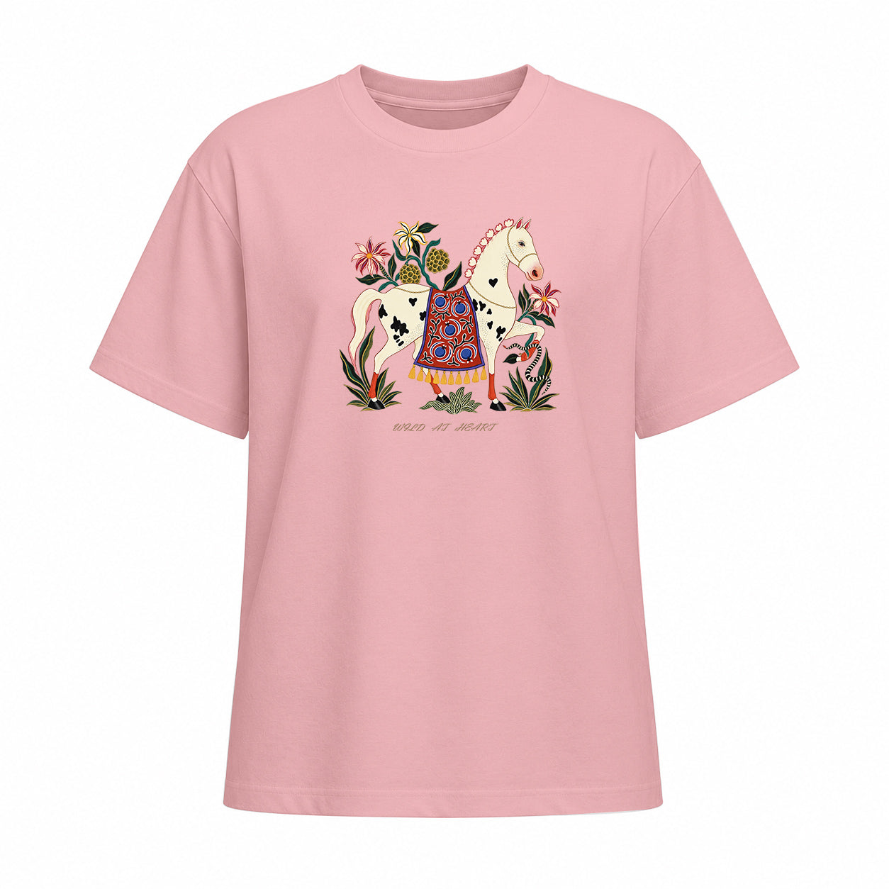 Front view of soft pink short sleeve t shirt displaying the centered folk art horse graphic