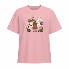 Front view of soft pink short sleeve t shirt displaying the centered folk art horse graphic