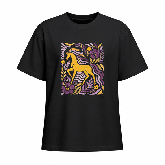 Front view of black short sleeve t shirt displaying centered golden horse and floral folk art print