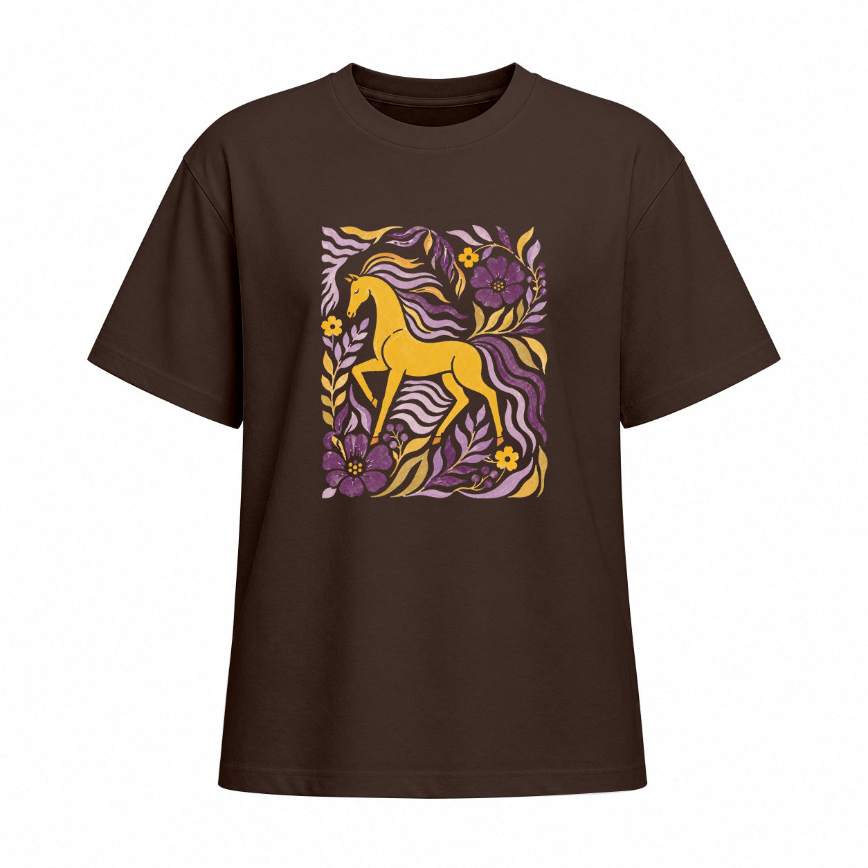 Front view of chocolate brown short sleeve t shirt displaying centered golden horse and floral folk art print