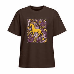 Front view of chocolate brown short sleeve t shirt displaying centered golden horse and floral folk art print