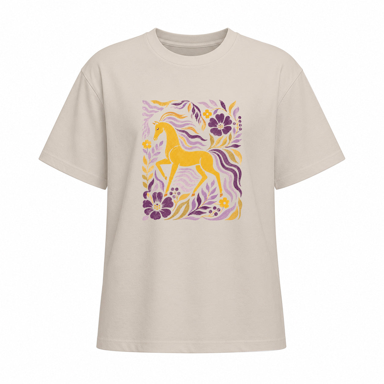 Front view of beige short sleeve t shirt displaying centered golden horse and floral folk art print