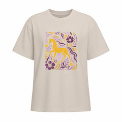 Front view of beige short sleeve t shirt displaying centered golden horse and floral folk art print