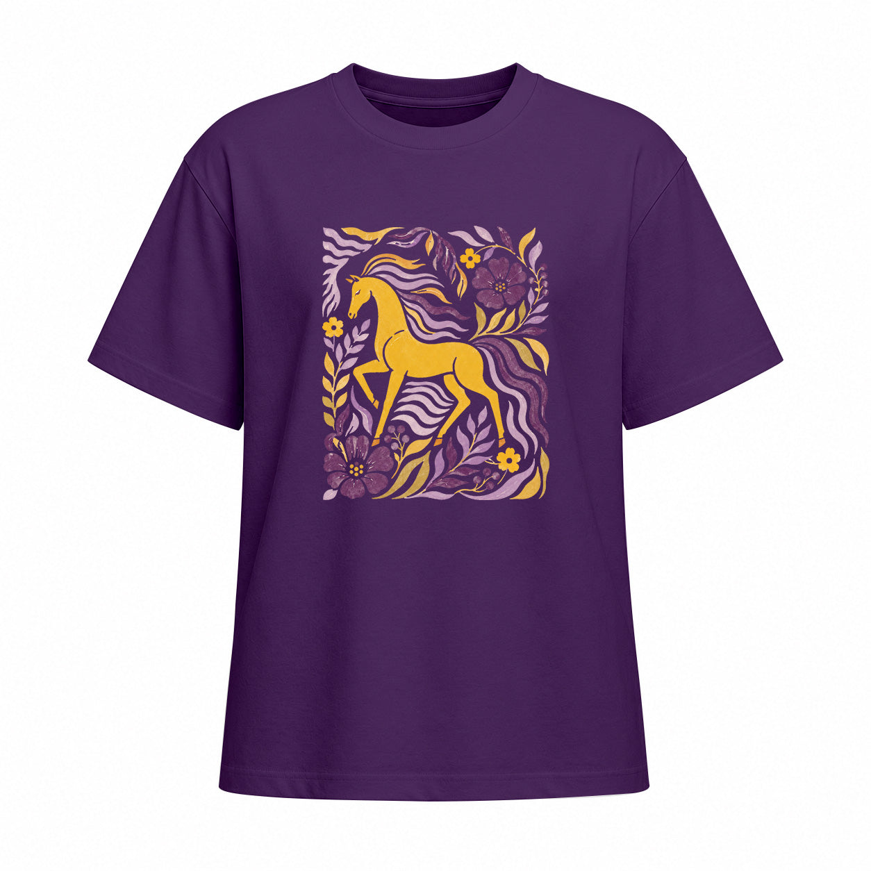 Front view of purple short sleeve t shirt displaying centered golden horse and floral folk art print