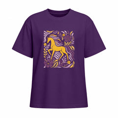 Front view of purple short sleeve t shirt displaying centered golden horse and floral folk art print