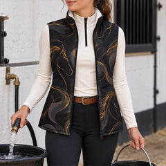 Close view of the black vest side showing gold horse head silhouettes and flowing gold and dark gray swirl patterns