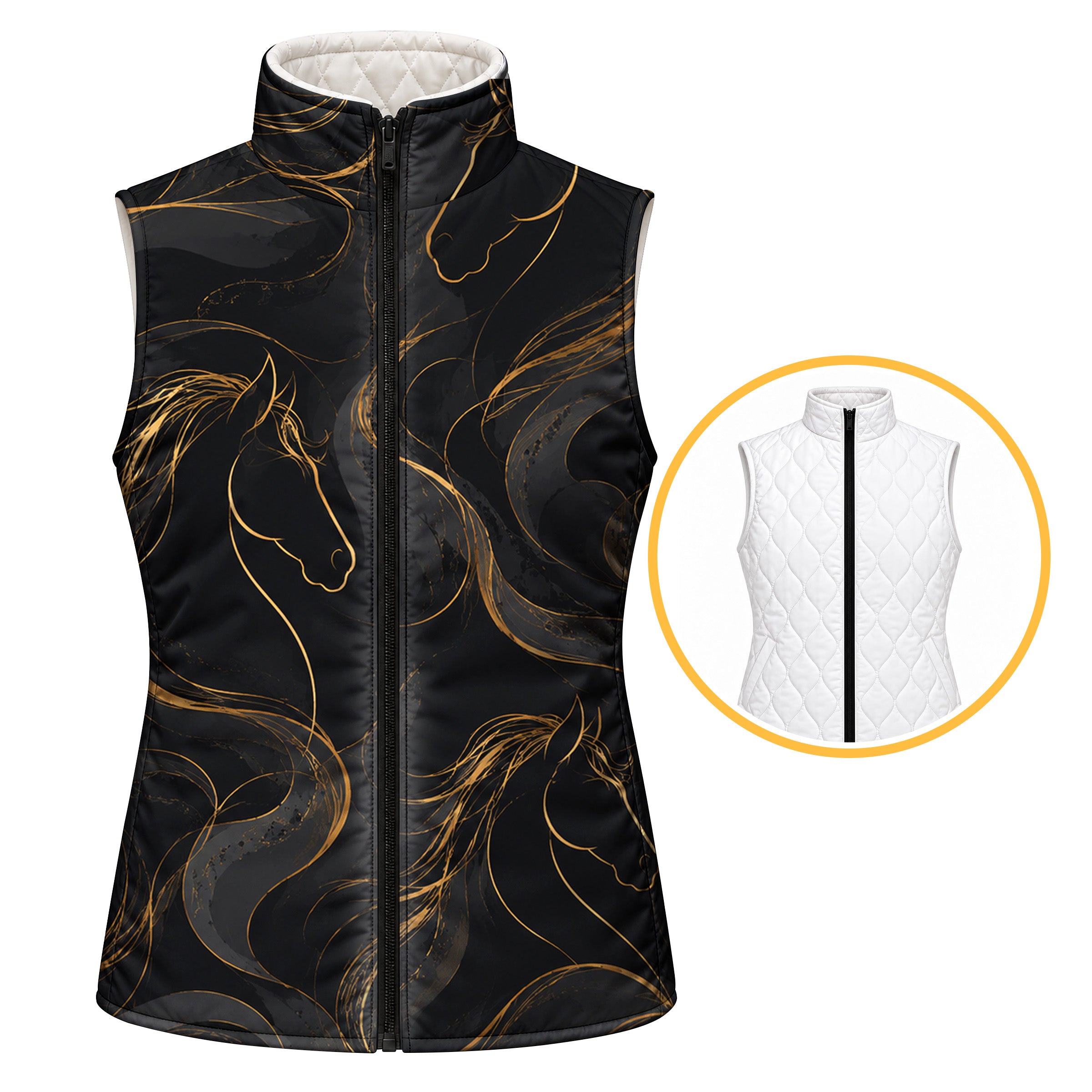 Black reversible quilted equestrian vest with gold horse head line art and swirl patterns