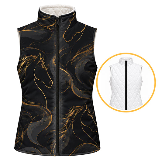 Black reversible quilted equestrian vest with gold horse head line art and swirl patterns