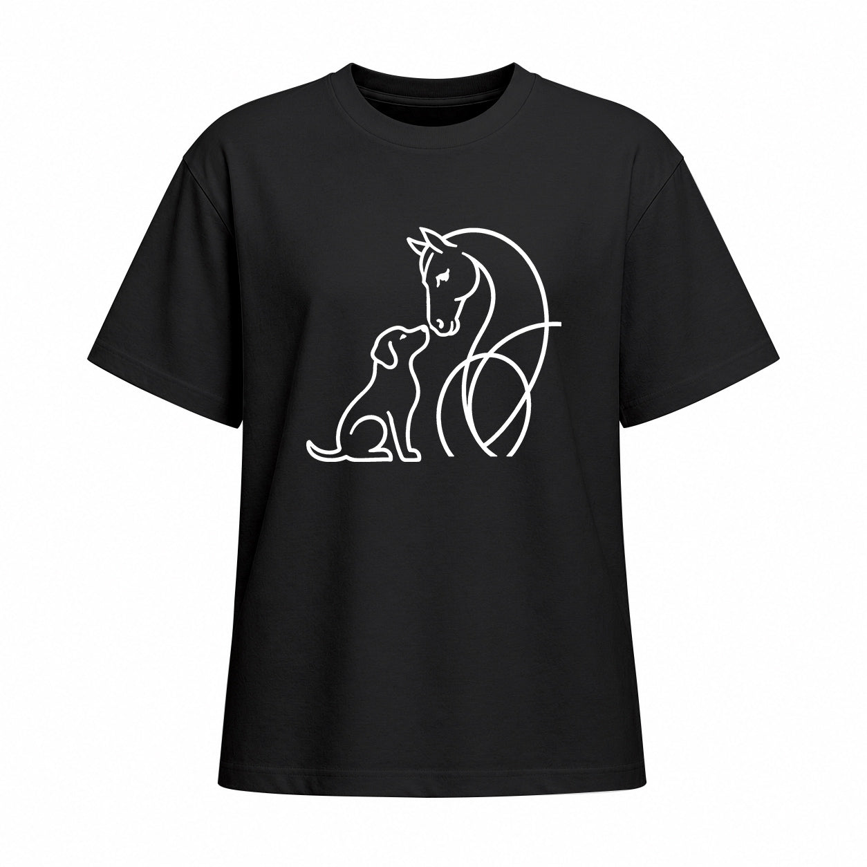 Studio front view of black short sleeve t shirt with white horse and dog line art graphic on the chest