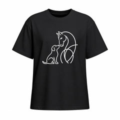 Studio front view of black short sleeve t shirt with white horse and dog line art graphic on the chest