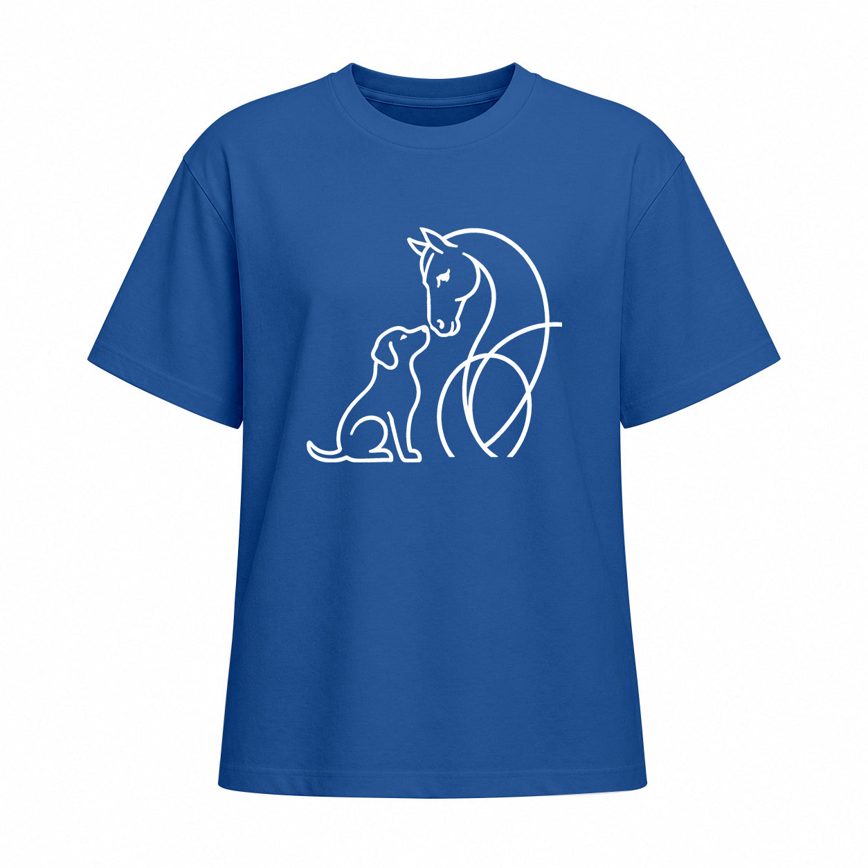 Studio front view of blue short sleeve t shirt with white horse and dog line art graphic on the chest