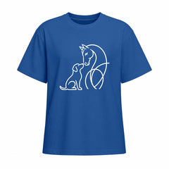Studio front view of blue short sleeve t shirt with white horse and dog line art graphic on the chest