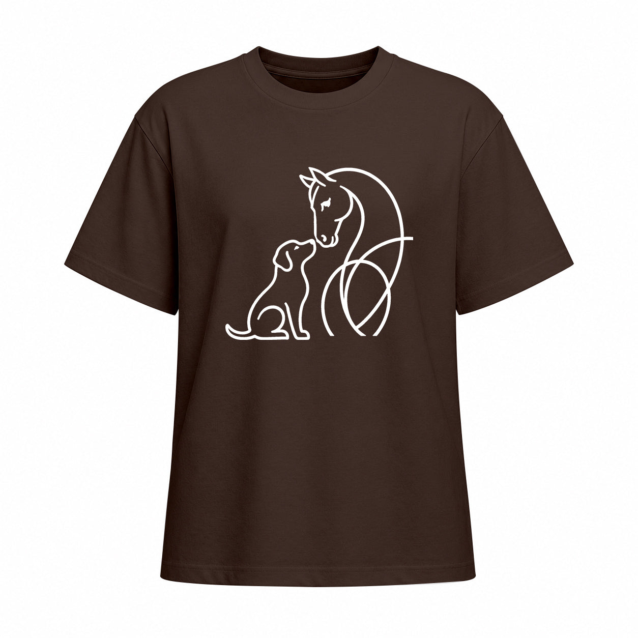 Studio front view of chocolate brown short sleeve t shirt with white horse and dog line art graphic on the chest