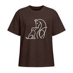 Studio front view of chocolate brown short sleeve t shirt with white horse and dog line art graphic on the chest