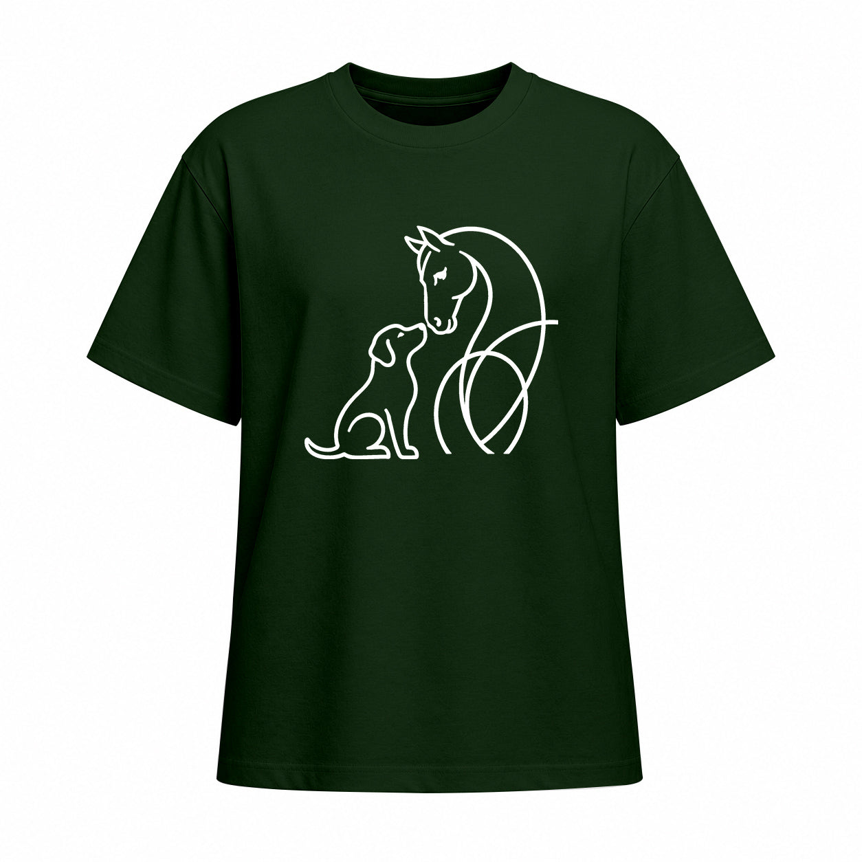 Studio front view of forest green short sleeve t shirt with white horse and dog line art graphic on the chest