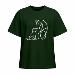 Studio front view of forest green short sleeve t shirt with white horse and dog line art graphic on the chest