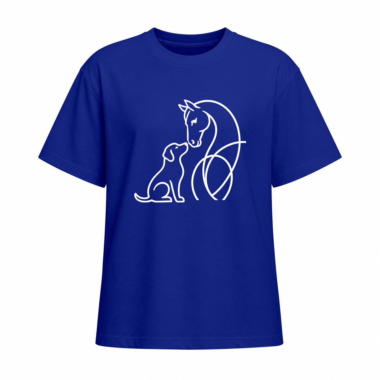 Studio front view of navy blue short sleeve t shirt with white horse and dog line art graphic on the chest