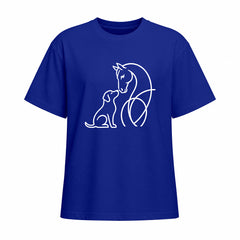 Studio front view of navy blue short sleeve t shirt with white horse and dog line art graphic on the chest