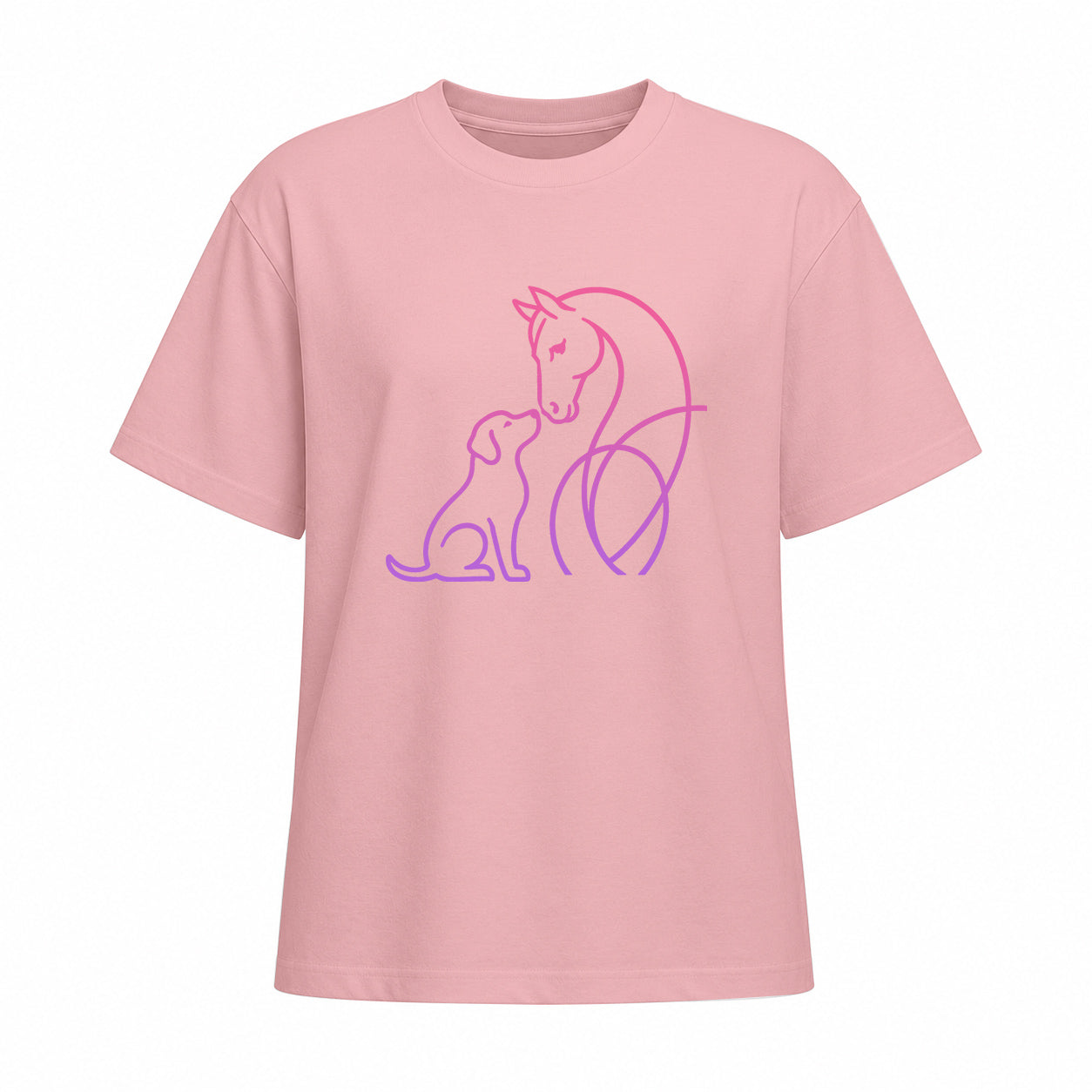 Studio front view of light pink short sleeve t shirt with pink to purple gradient horse and dog line art graphic on the chest