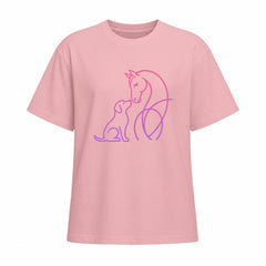 Studio front view of light pink short sleeve t shirt with pink to purple gradient horse and dog line art graphic on the chest