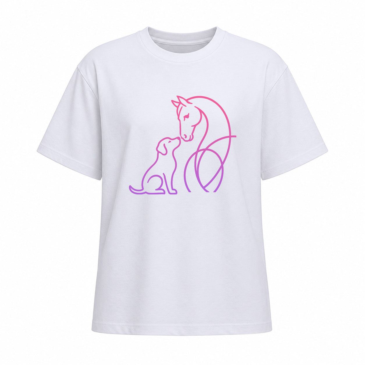 Studio front view of white short sleeve t shirt with pink to purple gradient horse and dog line art graphic on the chest
