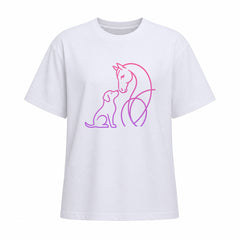Studio front view of white short sleeve t shirt with pink to purple gradient horse and dog line art graphic on the chest