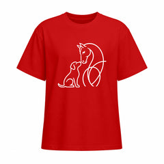 Studio front view of red short sleeve t shirt with white horse and dog line art graphic on the chest