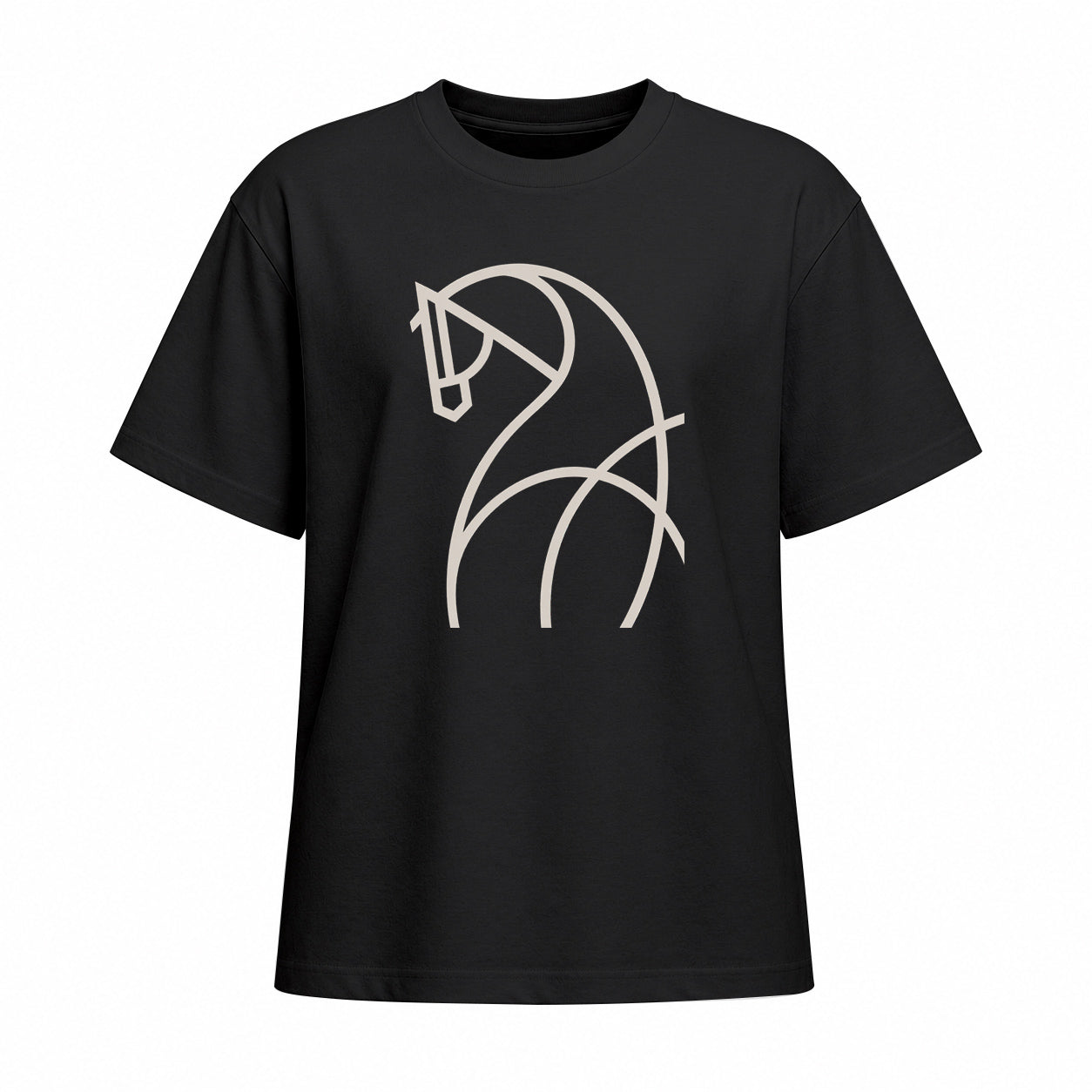 Front view of black short sleeve t shirt with light beige line art horse chest graphic