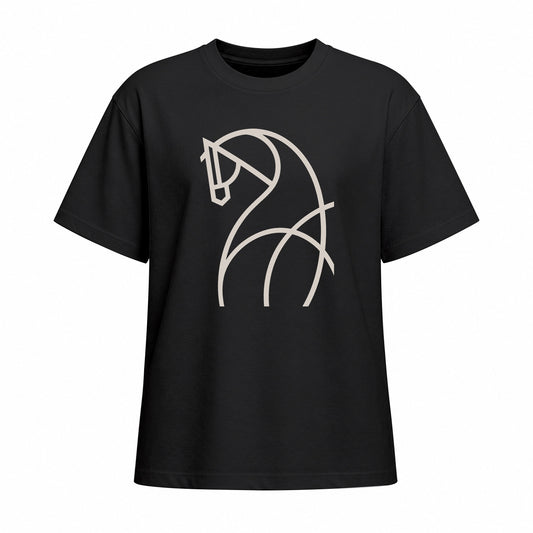 Front view of black short sleeve t shirt with light beige line art horse chest graphic