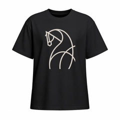 Front view of black short sleeve t shirt with light beige line art horse chest graphic