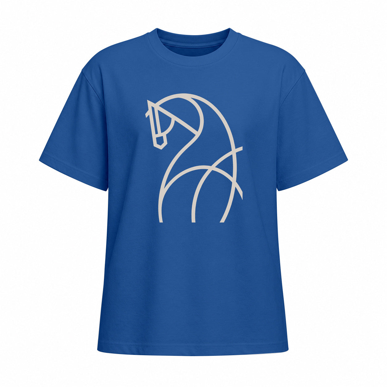 Front view of bright blue short sleeve t shirt with light beige line art horse chest graphic