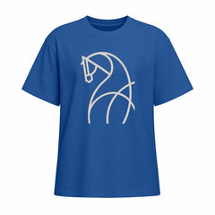 Front view of bright blue short sleeve t shirt with light beige line art horse chest graphic