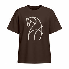 Front view of chocolate brown short sleeve t shirt with light beige line art horse chest graphic