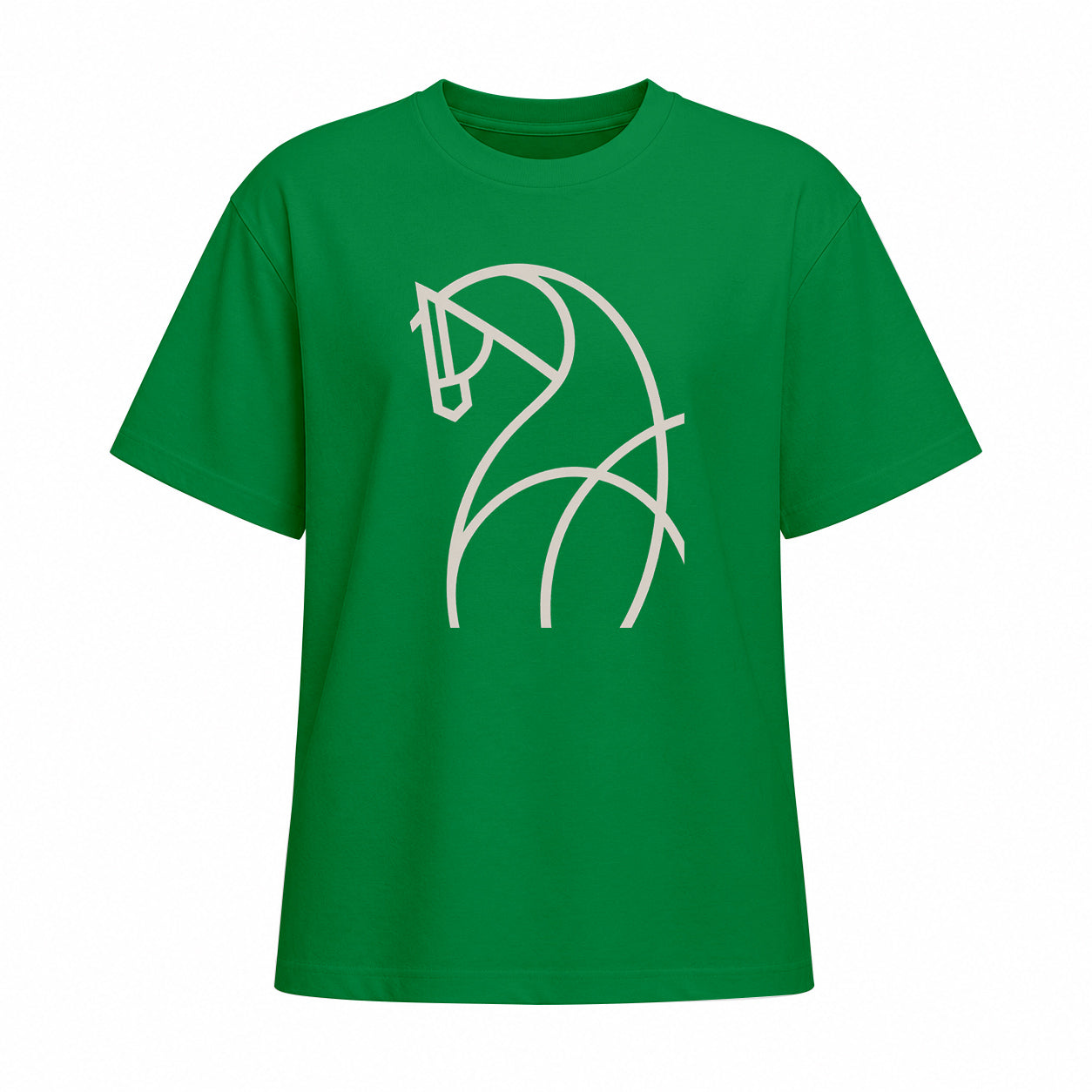 Front view of green short sleeve t shirt with light beige line art horse chest graphic