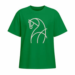Front view of green short sleeve t shirt with light beige line art horse chest graphic